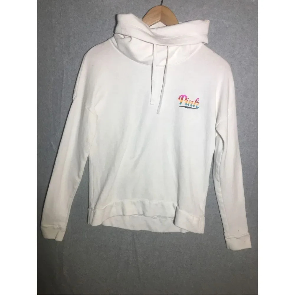 Womens Pink Victorias Secret Sweater Cowl Neck White Rainbow Logo Casual
